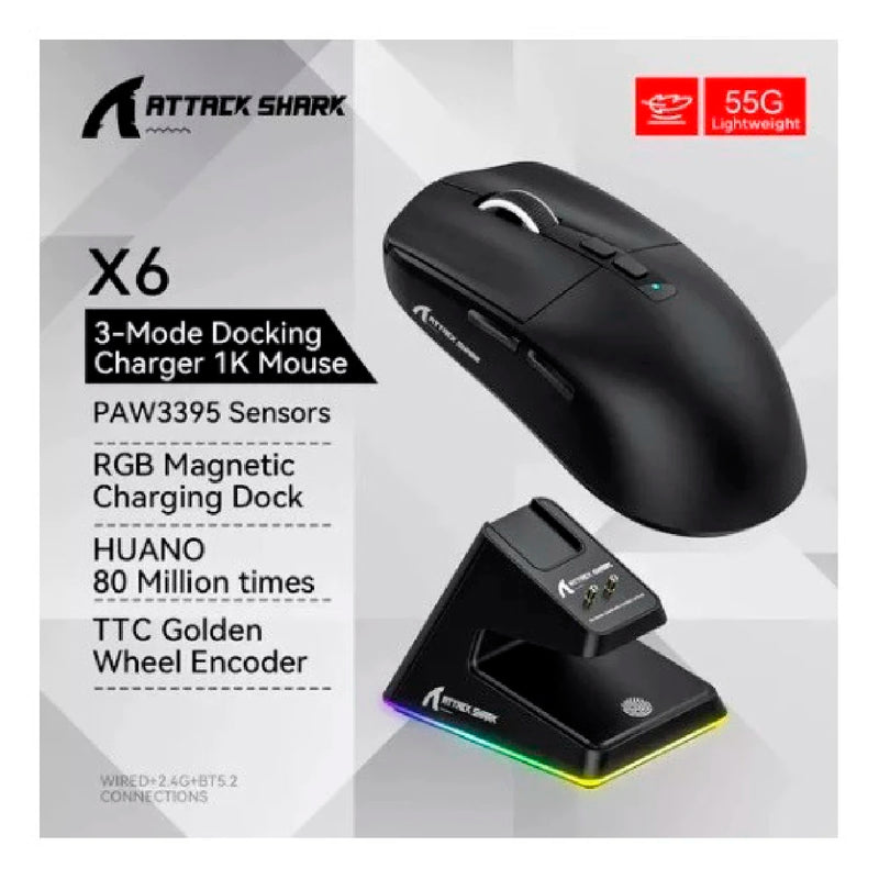 Mouse Gamer Bluetooth Sem Fio 2.4g Attack Shark PixArt Paw3395 26000 Dpi Preto X6
