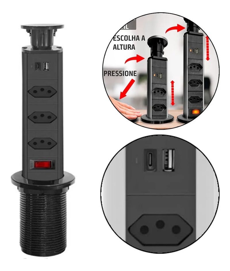 Multi Plug Socket Tower Embed 3 Sockets Countertop Retratil Table Usb Type-C 8691